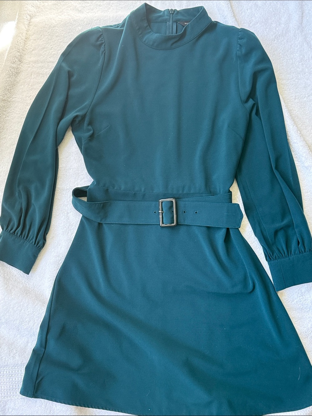 Banana Republic High-Neck Teal Belted Long-Sleeve Dress